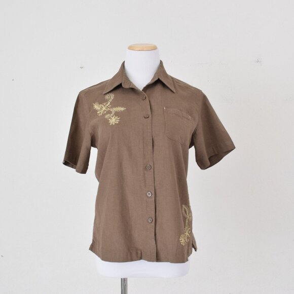 Vintage 90s Brown‎ Embroidered Blouse - Picture 2 of 10